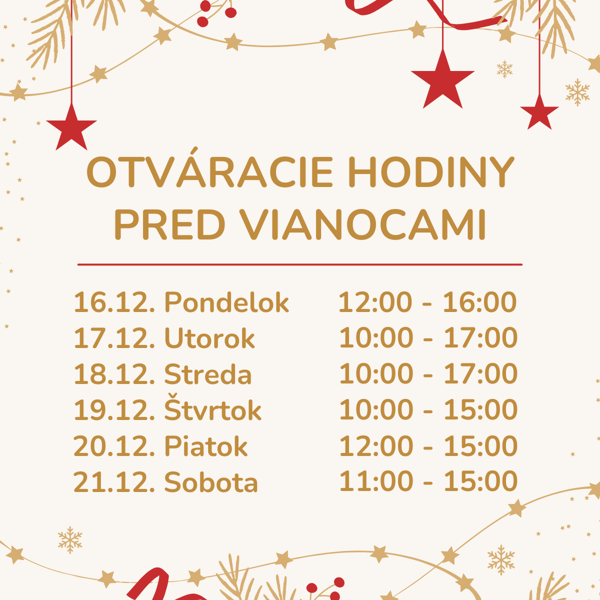 otváracie hodiny predajne pred Vianocami